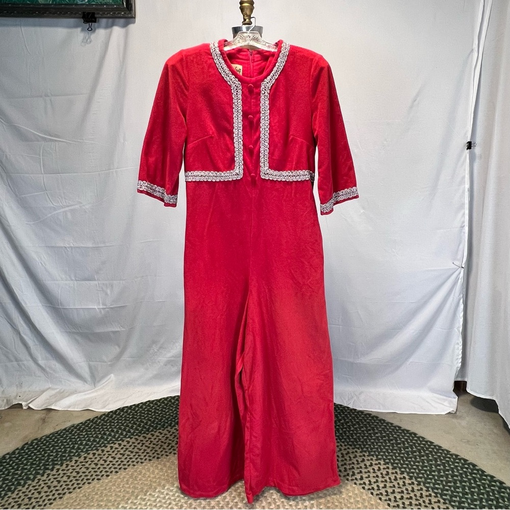 VINTAGE MCM union suit jumpsuit romper‎ wide leg pants red tinsel button front - Picture 6 of 15